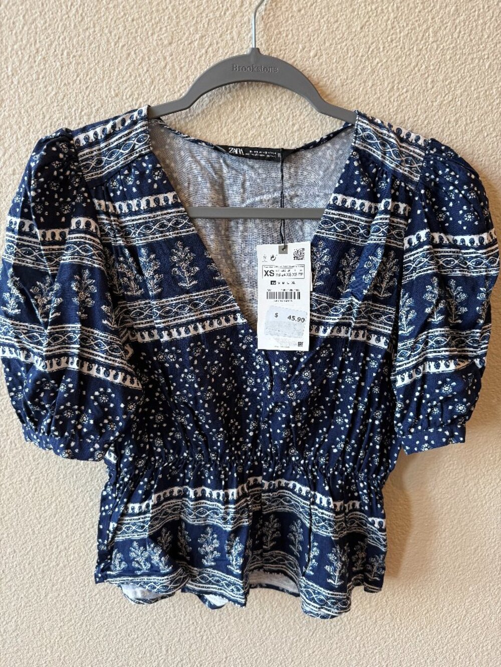 Zara NWT Navy Block Print Puff Sleeve Peplum Top Sz XS